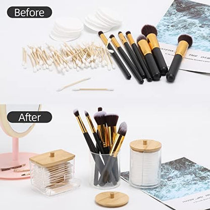 Tbestmax Bathroom Organizer Accessories Set-10 OZ Qtips Holder Storage with Bamboo Lids, Cotton Ball/Swabs Dispenser, Apothecary Container Jar 3 Pcs