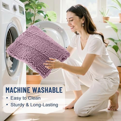 Grandaily Chenille Striped Bathroom Rugs 59x24, Extra Thick and Soft Absorbent Bath Mats, Rubber Backing, Plush Shaggy Shower Carpet, Machine Wash Dry, Bath Rug for Bathroom, Deep Plum