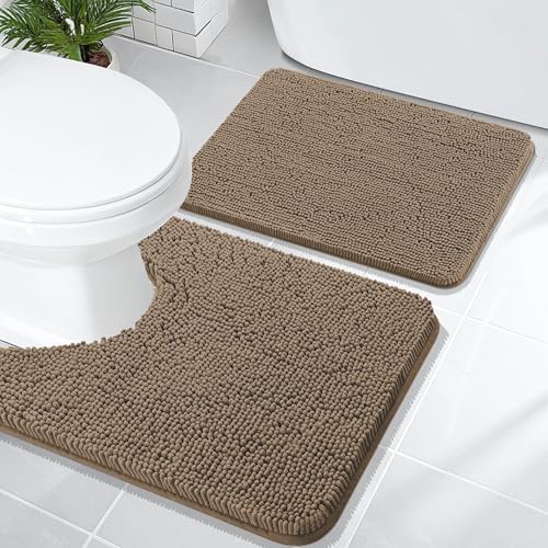 OLANLY Chenille Bathroom Rugs Mats Sets 2 Piece, 24"x16"+24"x20", Tan