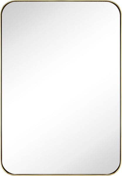 Brushed Gold Rectangle Recessed Bathroom Medicine Cabinet with Mirror Stainless Steel Metal Framed Rounded Rectangular Bathroom Cabinet with Mirror 16x24''