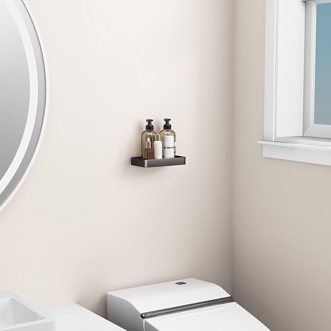 8-Inch Small Wall Shelf, Clear Tempered Glass with Matte Black Aluminum Frame – Sleek Floating Bathroom Organizer