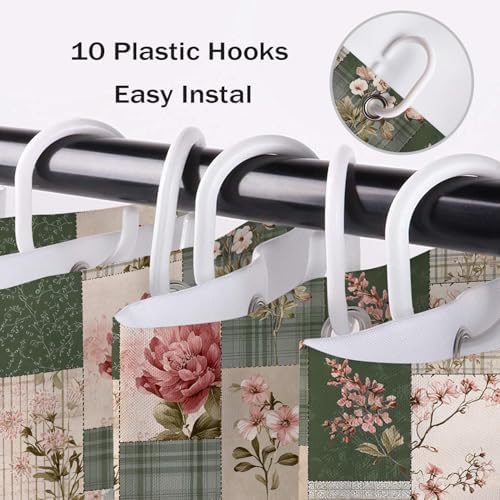 Vintage Floral Patchwork Shower Curtain for Bathroom, Pink Flower and Green Plaid Retro Shower Curtain Set Country Farmhouse Bathroom Decor Accessories with Hooks, 60W X 72L inches