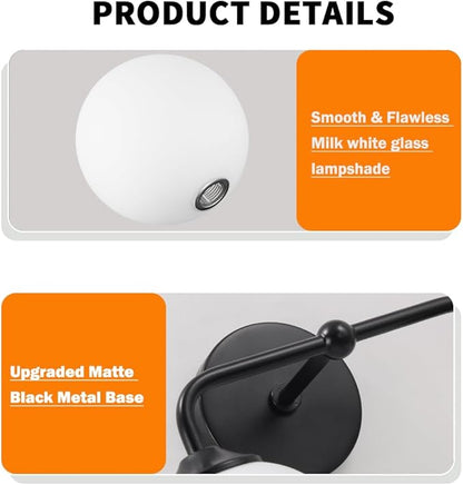 Industrial Matte Black 2-Lights Bathroom Light Fixtures, Vanity Wall Sconce Lighting with Milky White Glass Shade, Modern Bathroom Vanity Lighting, Wall Sconces over Mirror Dressing Table Bedroom