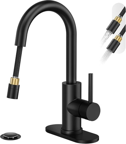 Tall Bathroom Faucet with Pull Out Sprayer,Matte Black Single Handle Swivel Pull Down Faucet,Pop-Up Drain,1 or 3 Hole 2 Model RV Bar Laundry Utility Sink Faucet with Deck Plate, WE08CL-ZY-MB