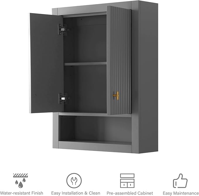 HOMEBEYOND 24 Inches Bathroom Vanity Wall Mount Storage Cabinet & Shelves, Free-Standing Vanity with Soft-Closing Doors, Golden Brushed Handware, Cashmere Gray