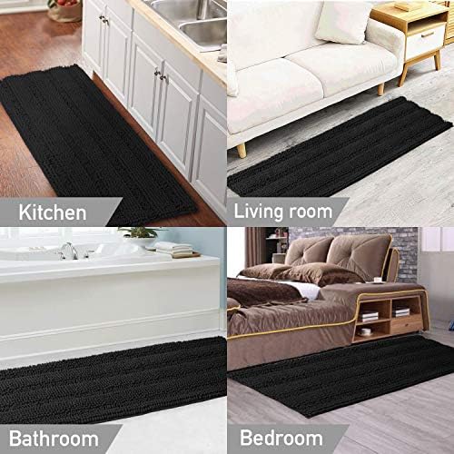 Turquoize Non Slip Black Bathroom Rug Extra Long Chenille Bath Rug 47x17 Super Water Absorbent & Soft Washable Shaggy Bath Rug for Bathroom, Black
