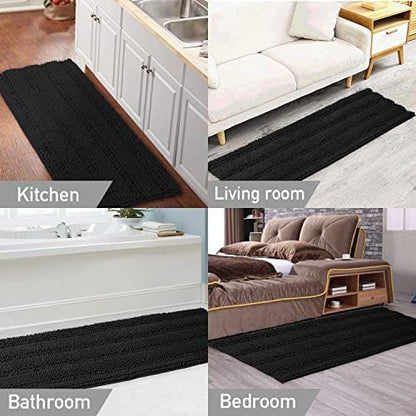 Turquoize Luxurious Non-Slip Shaggy Chenille Kitchen Runner Black Kitchen Rug Ultra Soft Plush Carpet Mat Shag Shower Bath Runner Absorbent Large Bath Mat for Entryway, Size 59 & 20 Inches, Black