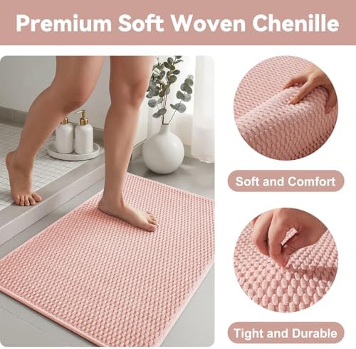 Triohero Bathroom Rugs Non Slip Washable, Super Absorbent Thin Bath Mat Small Quick Dry Low Pile Bathroom Rug, Pink 16"x24"