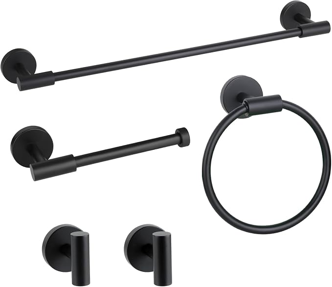 Matte Black Bathroom Hardware Accessories Towel Bar Set 5 Pieces | Stainless Steel Black Towel Rack Set Including 19in Towel Bar Wall Mounted, Bathroom Towel Holder, Towel Ring, Towel Hooks