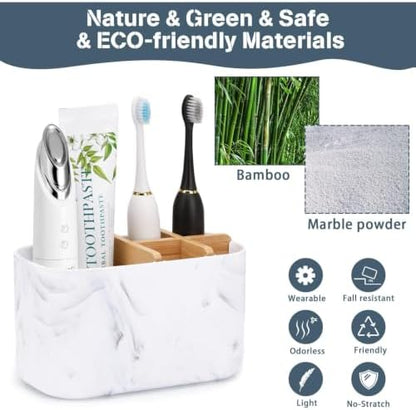 GFWARE Toothbrush Holders for Bathrooms, 5 Slots Bamboo Toothbrush Holder Kids Electric Toothbrush Holder and Toothpaste Holder for Bathroom Countertop Accessories Storage, Marble Toothbrush Organizer