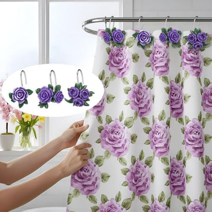 Amyhill 12 Pcs Purple Rose Shower Curtain Hooks Cute Purple Rose Decorative Curtain Rings Bulk Hanger Stainless Steel Resin Spring Flowers Themed Hooks for Bathroom Bedroom Living Room Home Decor
