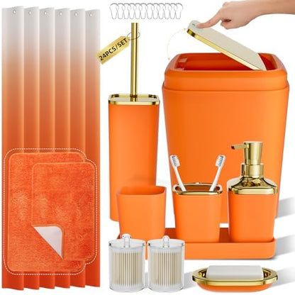 XLHOMO Bathroom Accessory Set - 24PCS Luxury Bathroom Accessories Set, Bathroom Sets with Shower Curtain and Rugs, Orange Bathroom Set with Trash Can, Toothbrush Holder & Soap Dispenser for Home Decor
