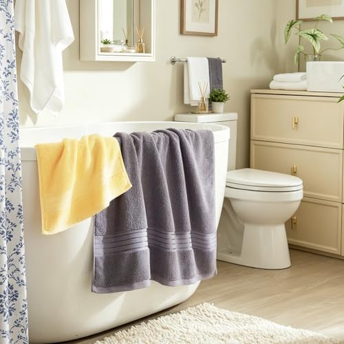 COZYART Luxury Bath Towels 4 PCS, 27x54 650 GSM Turkish Cotton, Grey+Yellow