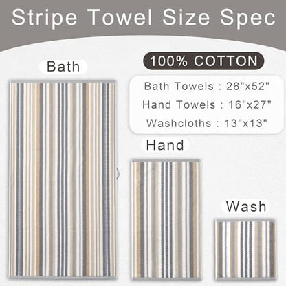 VOOVA & MOVAS Striped Towels 6 Pack, 100% Cotton, Gray Beige
