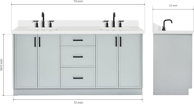 ARIEL Kelly 72-inch Bathroom Vanity with Sink,Solid Wood, 1.5-inch Pure White Quartz Countertop & Backsplash, Double Rectangular Porcelain Sink, 4 Soft Closing Doors, 5 Dovetail Drawers, Grey