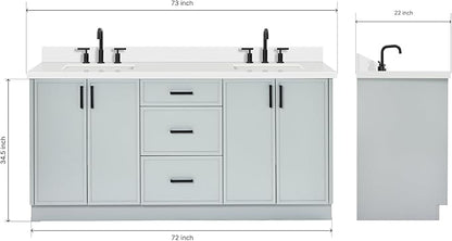 ARIEL Kelly 72-inch Bathroom Vanity with Sink,Solid Wood, 1.5-inch Pure White Quartz Countertop & Backsplash, Double Rectangular Porcelain Sink, 4 Soft Closing Doors, 5 Dovetail Drawers, Grey