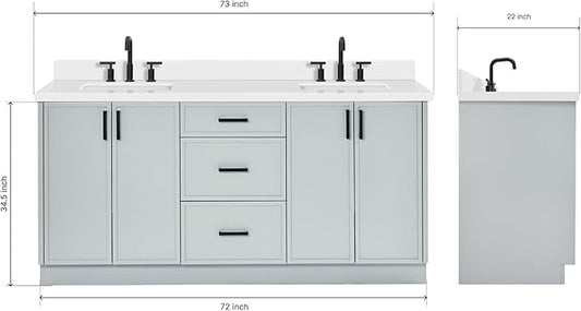 ARIEL Kelly 72-inch Bathroom Vanity with Sink,Solid Wood, 1.5-inch Pure White Quartz Countertop & Backsplash, Double Rectangular Porcelain Sink, 4 Soft Closing Doors, 5 Dovetail Drawers, Grey