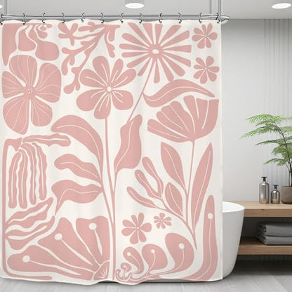 Pink Matisse Flower Shower Curtain 60Wx72L Inch Abstract Retro Aesthetic Minimalist Vintage Art 70s Trendy Modern Bathroom Set Accessories Decor with 12 Pack Hooks