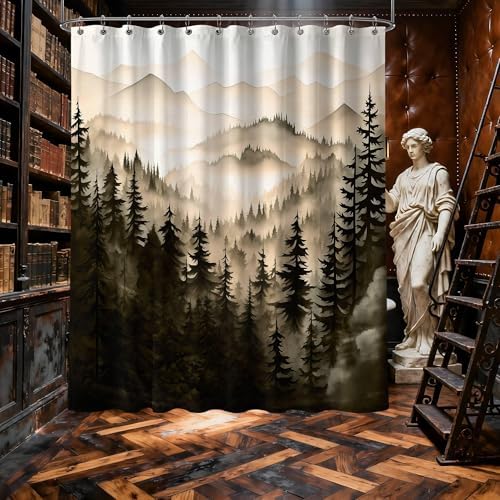 Dark Brown Forest Extra Long Shower Curtain, Tall 72X96 in, Mountain
