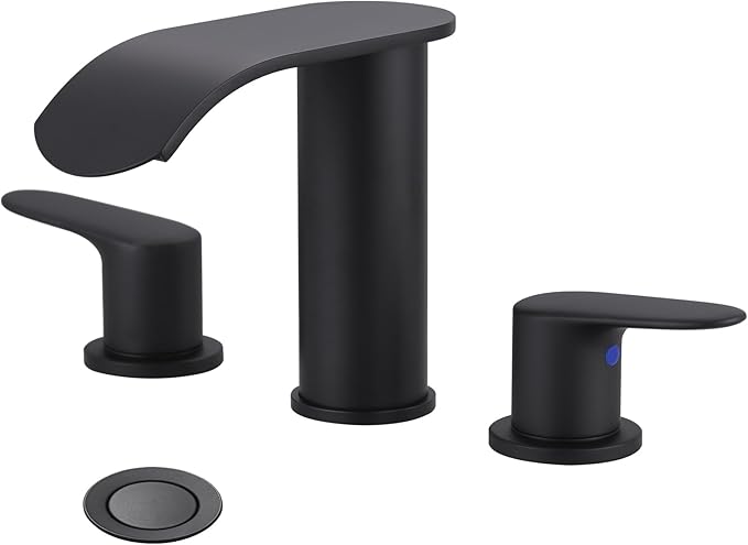 WOWOW Waterfall Bathroom Faucet 3 Hole: 8 Inch Widespread Bathroom Sink Faucet, Matte Black Bathroom Faucet Two Handles Lavatory Vanity Sink Faucets with Pop-up Drain & Supply Hoses