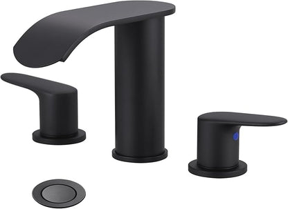 WOWOW Waterfall Bathroom Faucet 3 Hole: 8 Inch Widespread Bathroom Sink Faucet, Matte Black Bathroom Faucet Two Handles Lavatory Vanity Sink Faucets with Pop-up Drain & Supply Hoses