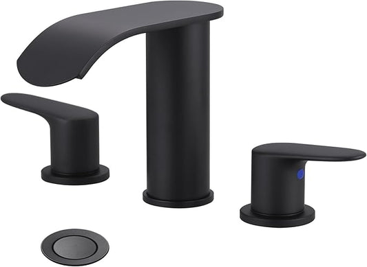 WOWOW Waterfall Bathroom Faucet 3 Hole: 8 Inch Widespread Bathroom Sink Faucet, Matte Black Bathroom Faucet Two Handles Lavatory Vanity Sink Faucets with Pop-up Drain & Supply Hoses