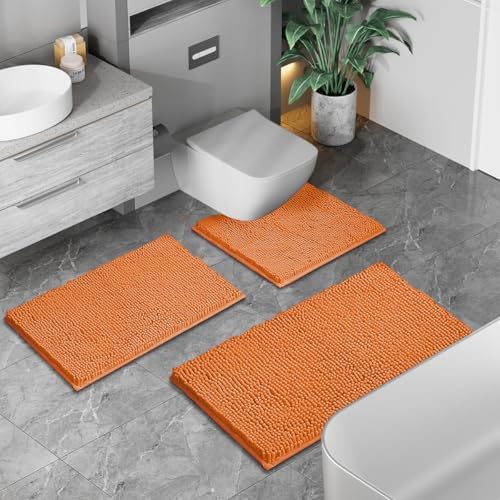 RUN HELIX Bathroom Rugs 3 Pieces Orange Bath Rugs Fall Shower Rugs with U-Shaped Contour Toilet Mat Absorbent Chenille Plush Bath Mats Non Slip Bath Rugs Bathroom Floor Mats Bath Mat Living Rug Set