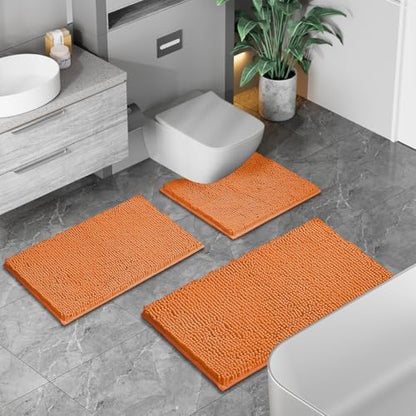 RUN HELIX Bathroom Rugs 3 Pieces Orange Bath Rugs Fall Shower Rugs with U-Shaped Contour Toilet Mat Absorbent Chenille Plush Bath Mats Non Slip Bath Rugs Bathroom Floor Mats Bath Mat Living Rug Set