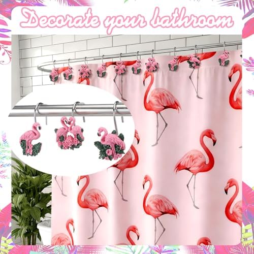 Amyhill 12 Pcs Flamingo Shower Curtain Hooks Decorative Shower Curtain Rings Stainless Steel Resin Sea Theme Bathroom Decor Suitable for Home Bedroom