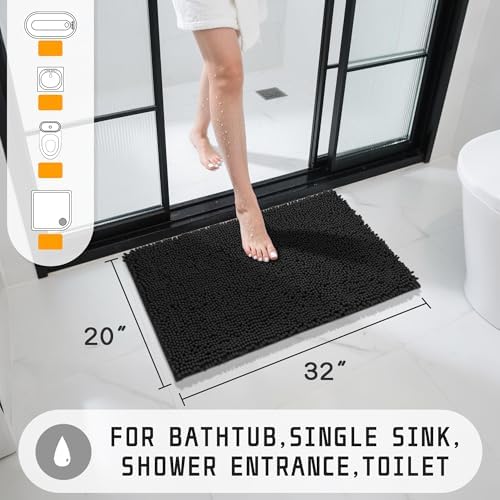 Yimobra Washable Bathroom Rugs, Super Soft & Absorbent Chenille Bath Mat for Floor & Carpet, Quick Dry Non Slip Bath Mat for Tub Shower, 32"x20",Black