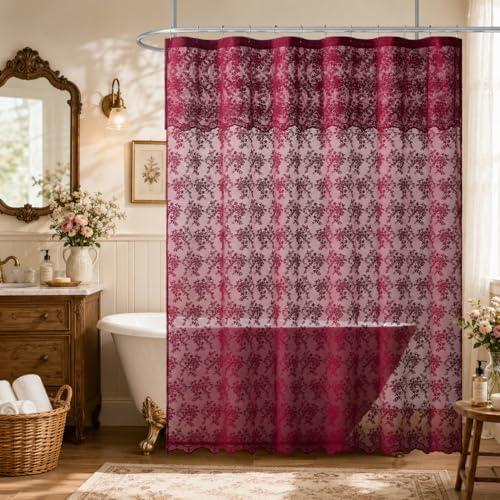 TUDECO Extra Long Dark Red Shower Curtain with Valance, 72W x 90L Inch