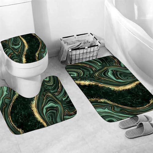 Nkzply 4 Pcs Green Marble Shower Curtain Sets with Rugs Gold Bathroom Set