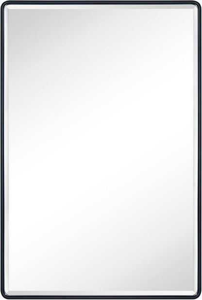 TEHOME Farmhouse Matt Black Recessed Bathroom Medicine Cabinet with Mirror Rounded Rectangle Metal Framed Medicine Cabinet with Beveled Mirror 24x36''