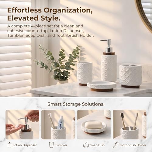 RQYIXI Ceramic Bathroom Accessories Set,White,4 Piece,Embossed Design