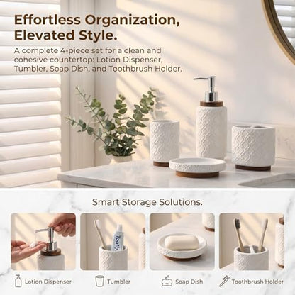 RQYIXI Ceramic Bathroom Accessories Set,White,4 Piece,Embossed Design