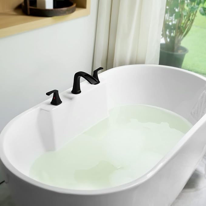 Waterfall 2 Handle Widespread Roman Tub Faucet Matte Black | 3 Hole Deck Mount Bathtub Filler with Valve & Supply Lines