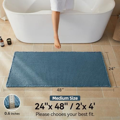 Triohero Waffle Bath Mat, Boho Bathroom Rugs Non Slip, 24x48 Denim Blue