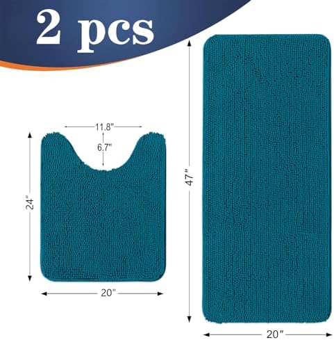 OLANLY Chenille Bathroom Rugs Sets 2 Piece, 47"x20"+24"x20", Peacock Blue