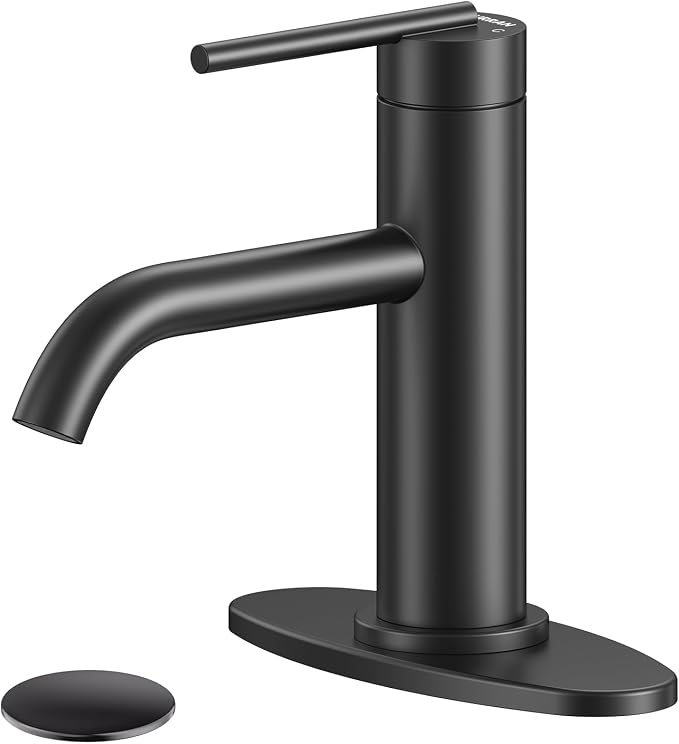 Black Bathroom Faucet for Single Handle,HURRAN Bathroom Faucet 1 Hole with Pop-up Drain and Deck,Fits 1 Hole or 3 Hole Installations for Vanity,Bathroom & RV