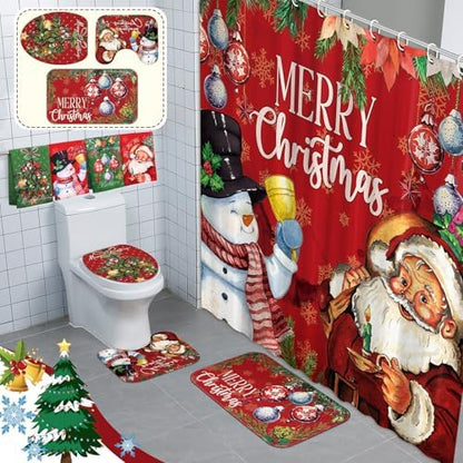FuWeave 8 Pcs Christmas Shower Curtain Set Bathroom Decor