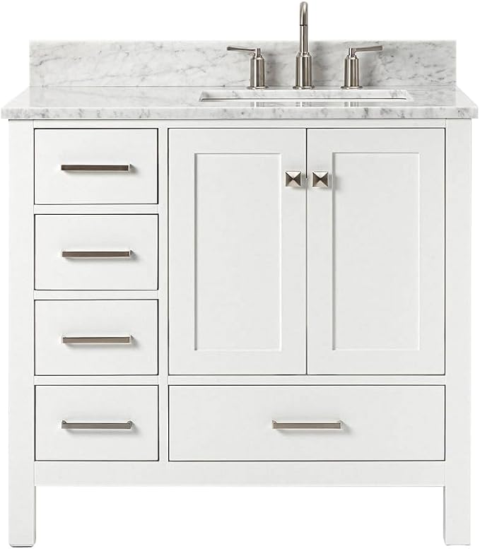 ARIEL Cambridge 36-inch Bathroom Vanity with Sink,Solid Wood, 0.75-inch Italian Carrara Marble Countertop, Single Rectangular Porcelain Sink, 2 Soft Closing Doors, 5 Dovetail Drawers, White