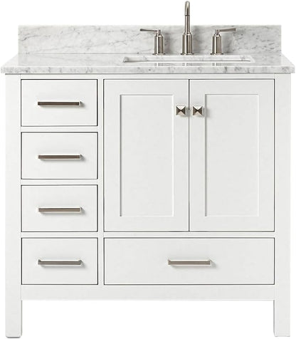 ARIEL Cambridge 36-inch Bathroom Vanity with Sink,Solid Wood, 0.75-inch Italian Carrara Marble Countertop, Single Rectangular Porcelain Sink, 2 Soft Closing Doors, 5 Dovetail Drawers, White