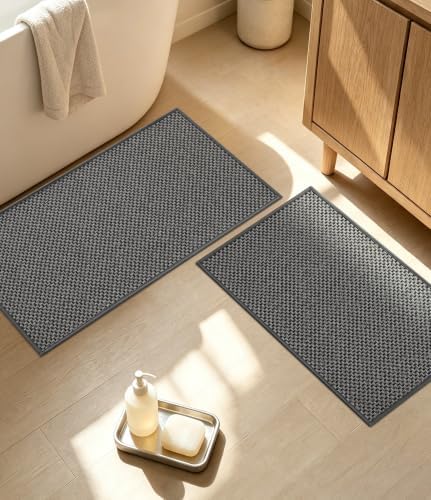 YIHOUSE Dark Grey Bathroom Rugs Sets 2 Pieces,Thin Bath Mat Quick Dry