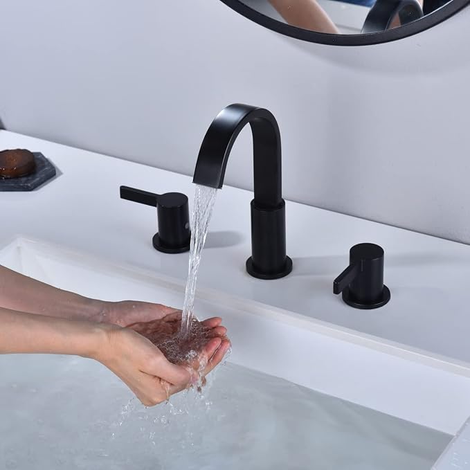 TRUSTMI 3 Hole Matte Black Bathroom Faucet 8 Inch Widespread, Brass Lavatory Vanity Sink Faucet with Overflow Pop-Up Drain and cUPC Waterlines, 360 Degree Swivel Spout
