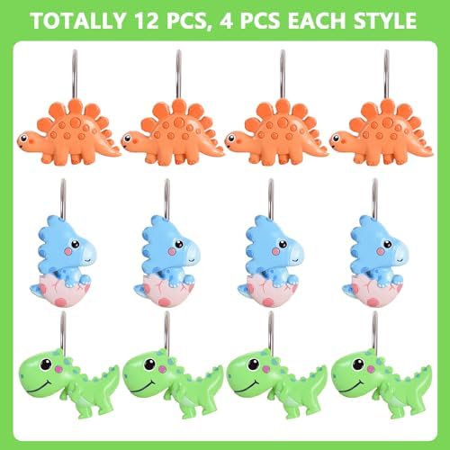 12-Piece Dinosaur Shower Curtain Hooks for Bathroom