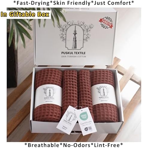 PÜSKÜL Natural 100% Turkish Cotton Waffle Towels Set of 4-Piece, Brick-Red