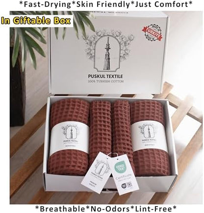 PÜSKÜL Natural 100% Turkish Cotton Waffle Towels Set of 4-Piece, Brick-Red