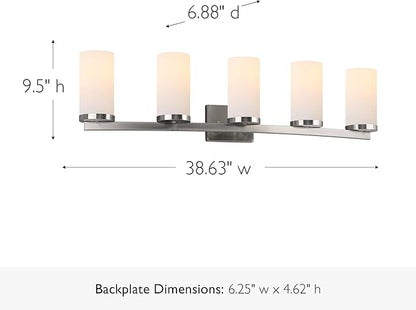 Design House Desta Vanity Light, 5-Light, Curved Bar Design, Frosted Glass Glow, Dimmable, Up/Down Mountable, E26 Socket, Satin Nickel, 38.6 in L x 6.9 in W x 9.5 in H, 589176-SN