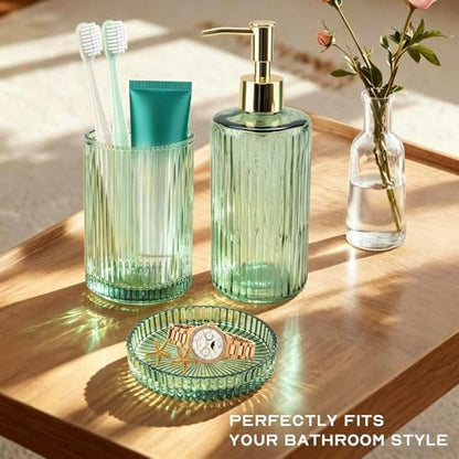 Green Glass Bathroom Accessories Set,Soap Dispenser,Toothbrush Holder,Tray