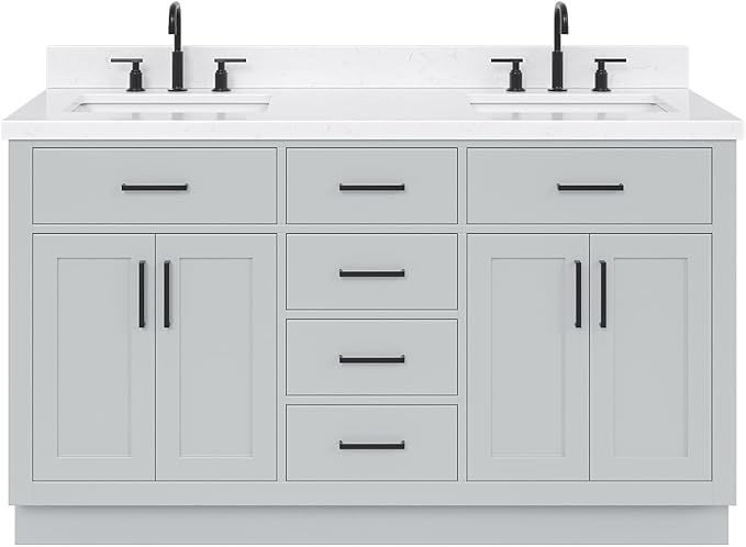 ARIEL Hepburn 60-inch Bathroom Vanity with Sink,Solid Wood, 1.5-inch Carrara White Quartz Countertop & Backsplash, Double Rectangular Porcelain Sink, 4 Soft Closing Doors, 6 Dovetail Drawers, Grey